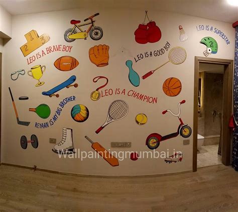 Sports Themed Wall Painting For Children's Room. We are specialized in fully hand painted wall ...