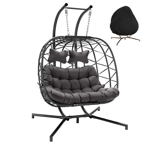 NICESOUL Double Swing Egg Chair with Stand Outdoor Indoor 2 Person Large Wicker Hanging Chair ...