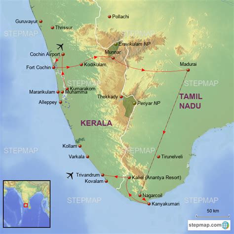 StepMap - Kerala, Madurai, Kanyakumari - Landkarte für India