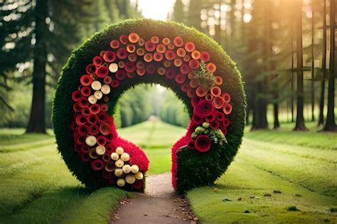 Premium Photo | A wreath made of flowers and plants with a red ribbon.