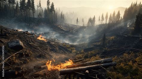 Deforestation of trees by fire and logging. Environmental destruction ...