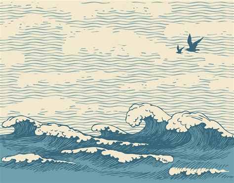 Premium Vector | Seascape banner with waves and seagulls