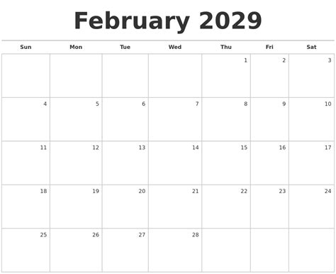 February 2029 Blank Monthly Calendar