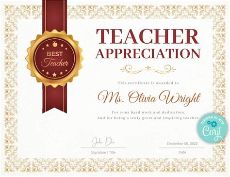 Teacher Appreciation Award Certificate Template Teacher Gift - Etsy