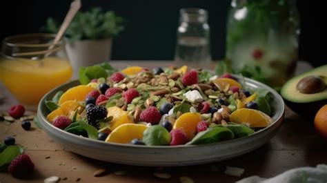 Premium AI Image | A plate of salad with fruit and nuts on it