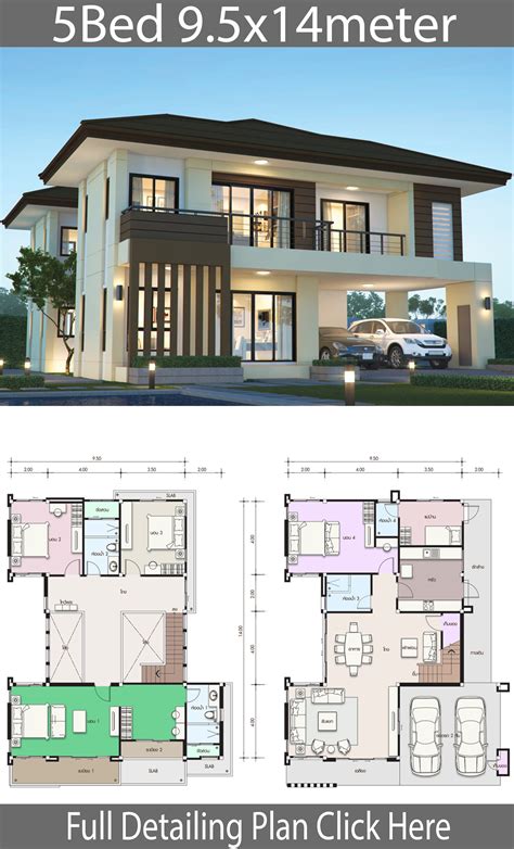 House design plan 9.5x14m with 5 bedrooms - House Plans 3D