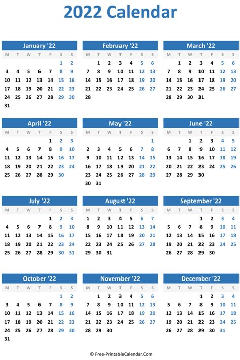 2022 Yearly Calendar in Excel, PDF and Word