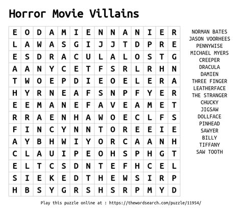 Download Word Search on Horror Movie Villains