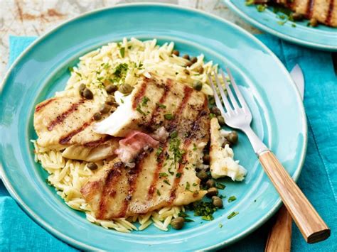 Grilled Tilapia with Lemon Butter, Capers and Orzo Recipe | Bobby Flay | Food Network