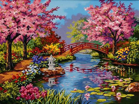 Japanese garden, colorful, bonito, calm, bridge, painting, flowers, art, japanese, HD wallpaper ...