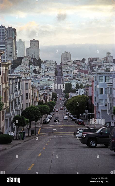 A street leading down a steep hill in San Francisco, California, USA ...