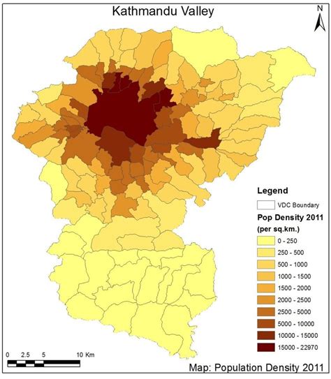 A Choropleth map showing VDC Population Density in the Kathmandu Valley... | Download Scientific ...