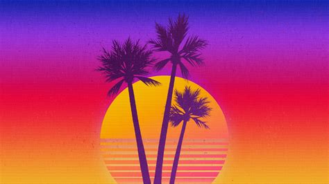 #synthwave #OutRun #vaporwave #Retrowave #sunset palm trees digital art #2K #wallpaper # ...
