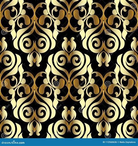 Damask Vector Seamless Pattern. Black Gold Floral Background Stock ...