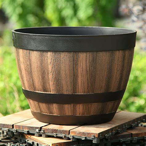 Windfall Wooden Whiskey Barrel Planter Round Wooden Garden Flower Pot ...