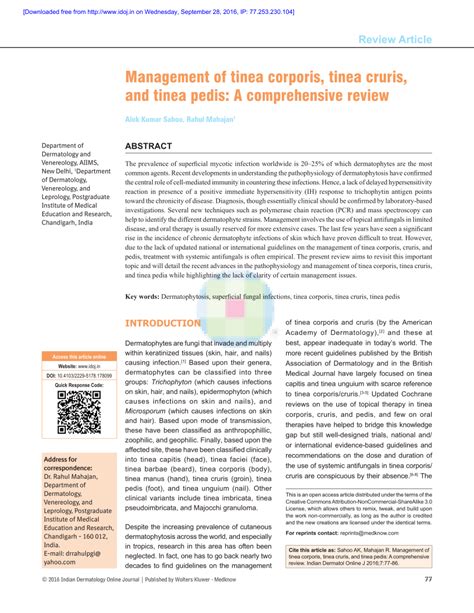 (PDF) Management of tinea corporis, tinea cruris, and tinea pedis: A comprehensive review