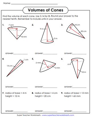 Volume of Cones Worksheet