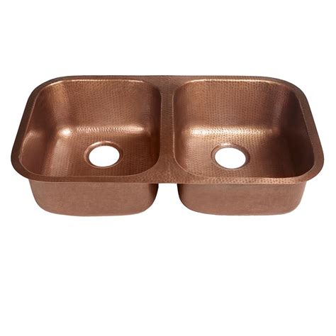 SINKOLOGY Undermount Handcrafted Solid Copper 32 in. Double Bowl Kitchen Sink in Antique Copper ...