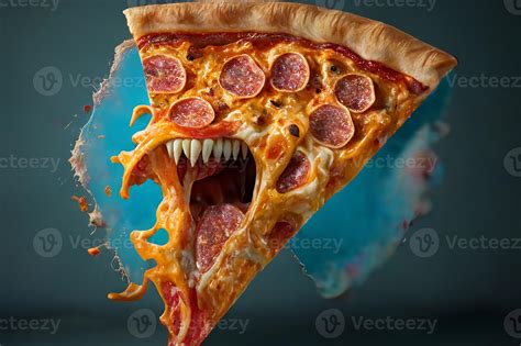 Monster Pizza. A large triangular slice of pizza with teeth. The concept of not eating right ...