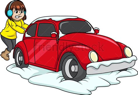 Woman Pushing Car Out Of Snow Cartoon Clipart Vector - FriendlyStock