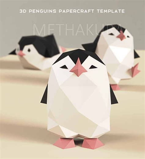 Set of 3 (dancing, sliding, standing) 3d DIY Papercraft penguins. Set ...