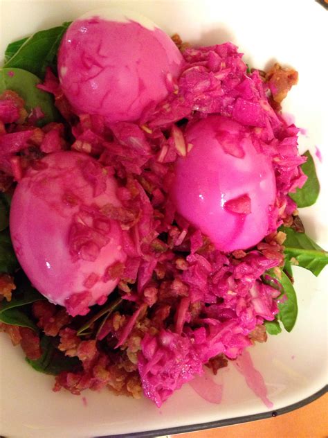 Beet vinegar dressing on spinach salad with boiled eggs (FUSHIA!) and bacon. | Food, Recipes ...