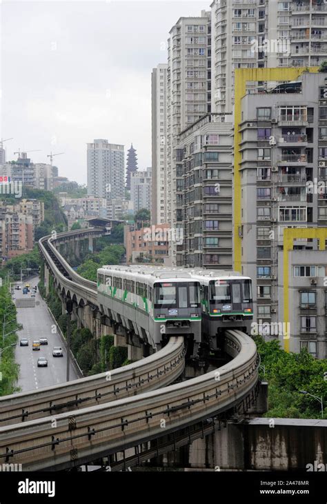 Monorail trains between Xinshancun and Daxikou stations on Chongqing metro line 2, China Stock ...