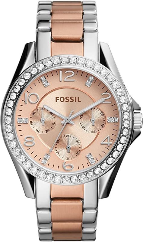 Fossil Women's Riley Chronograph Rose Gold Dial Two-Tone Stainless Steel Watch ES4145