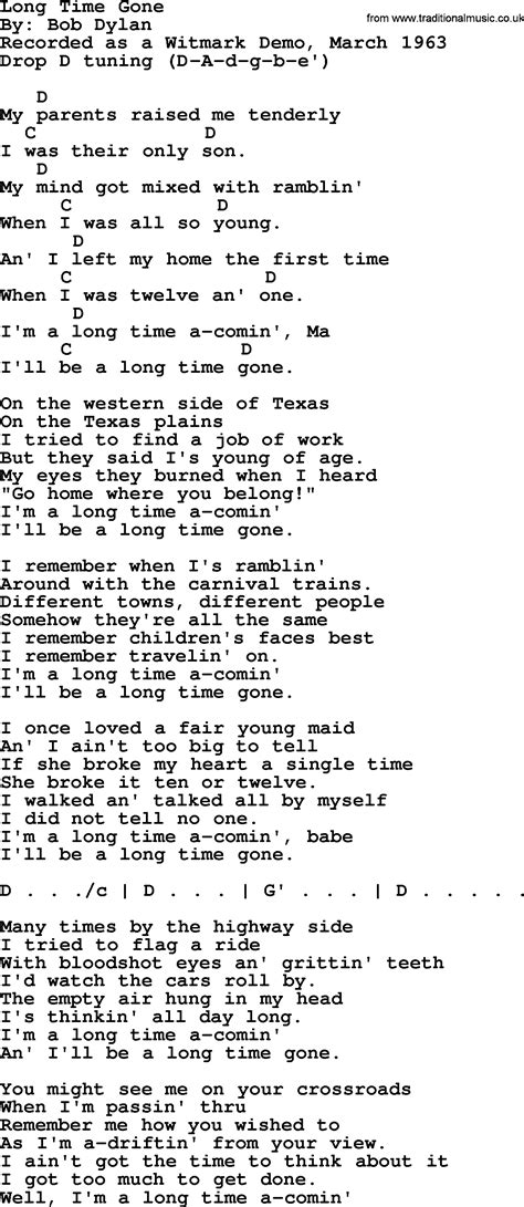 Bob Dylan song - Long Time Gone, lyrics and chords