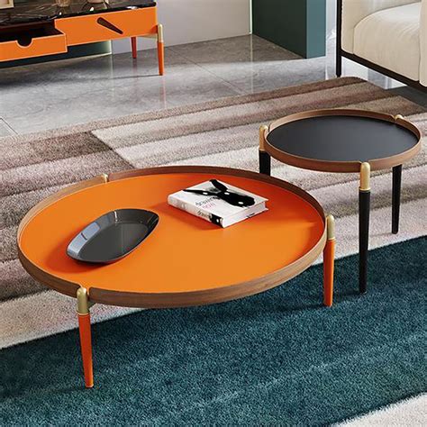 Black & Orange Tray Coffee Table Set with Saddle Leather & Stainless Steel | Rustic wooden ...
