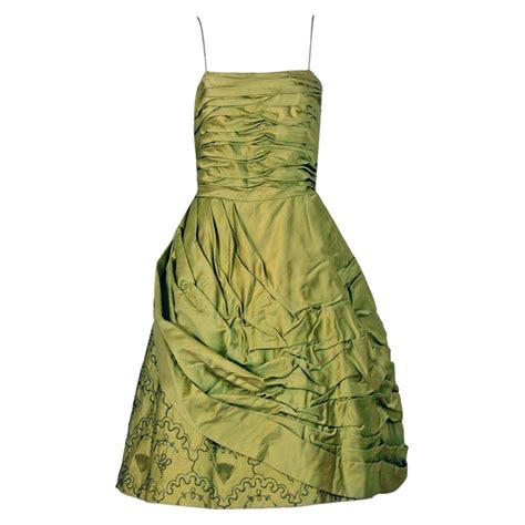 Vintage 1950's Chartreuse Green Beaded Ruched Satin Sculpted Full-Skirt ...