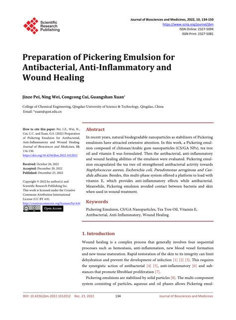 (PDF) Preparation of Pickering Emulsion for Antibacterial, Anti-Inflammatory and Wound Healing