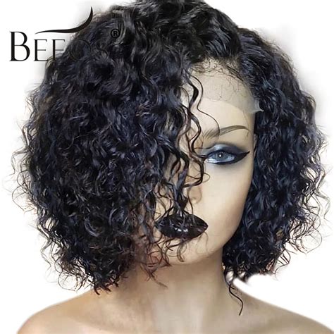 Beeos Brazilian Remy 13*6 Curly Lace Front Human Hair Wigs Short Bob Wig With Preplucked ...