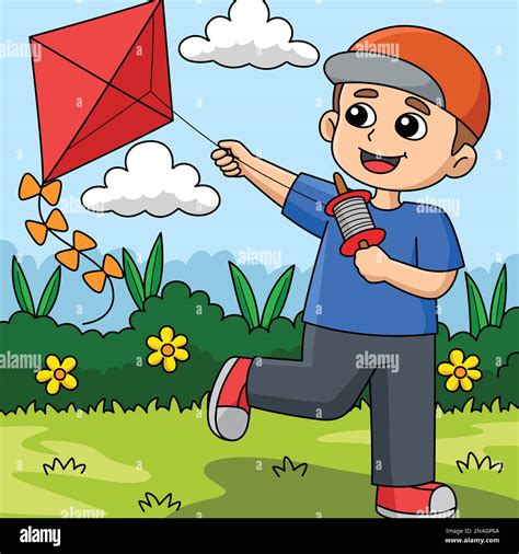 Spring Boy Flying a Kite Colored Cartoon Stock Vector Image & Art - Alamy