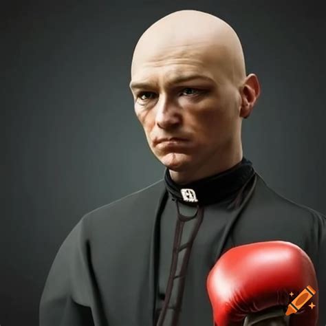Image of a bald priest with boxing gloves