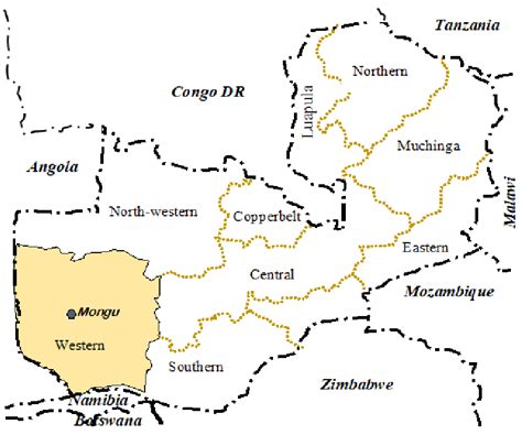 Map of Zambia showing the location of Mongu in Western Province | Download Scientific Diagram