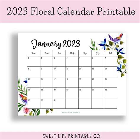 2023 Floral Calendar Wall Calendar Printable Calendar - Etsy