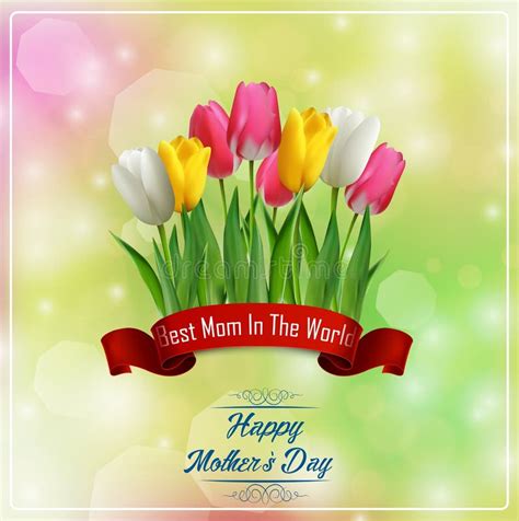 Happy Mothers Day with Flowers Tulips and Red Ribbon Stock Vector ...