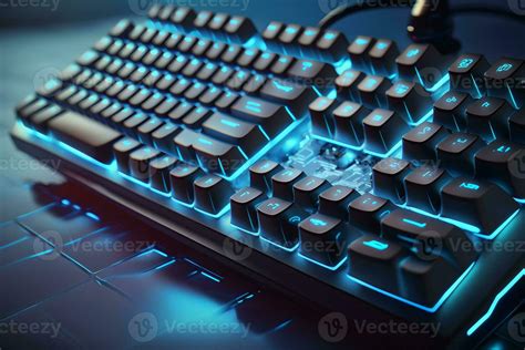 Futuristic custom PC keyboard concept with glowing blue tones. Neural ...