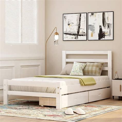 ANBAZAR White No Box Spring Needed Twin Bed Frame with Storage Drawers, Wood Twin Bed with ...