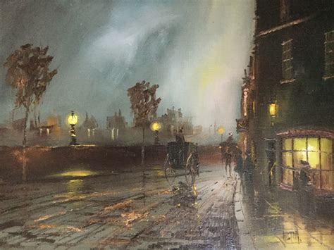 Oil Painting Of Moonlit Victorian Street Scene Near London Bridge