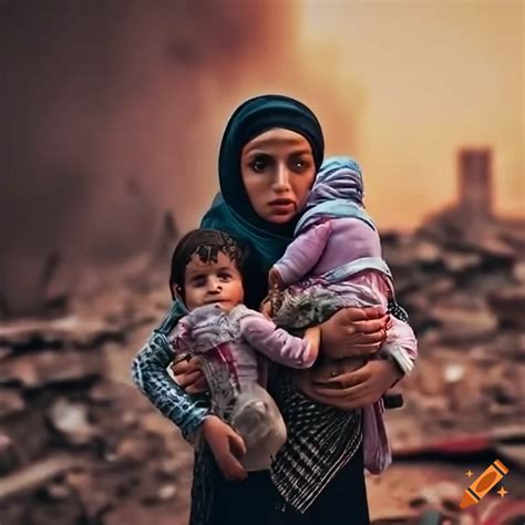 Photorealistic image of a palestinian mother and children in war-torn ...