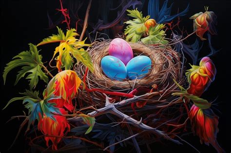 Premium AI Image | A painting of a bird nest with painted eggs neon