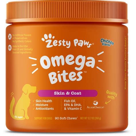 Zesty Paws Omega Bites Skin & Coat Supplement for Dogs Chicken Flavor, 90 soft chews | Allivet