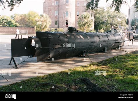 HUNLEY SUBMARINE: REPLICA. /nReplica of the Confederate submarine 'Hunley,' on display outside ...