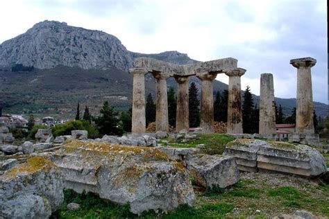 Temple of Apollo with Acrocorinth (acropolis of ancient Corinth) in the background, Greece ...