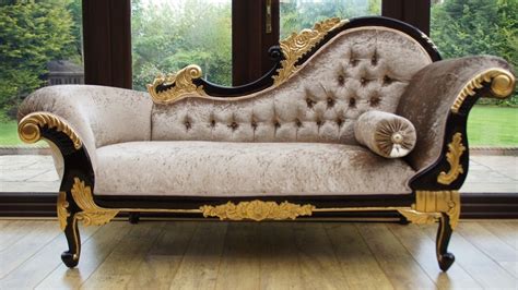 Ornate medium sized chaise longue mahogany frame with gold detailing with mink crushed velvet ...