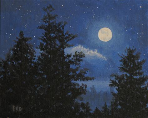 Moon painting night sky stars trees nocturne 8 x 10 | Etsy