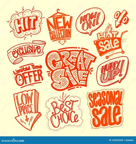 Hand Drawn Sale Signs Set - Great Sale, Hit, Limited Time Offer, Low Price, Best Choice ...