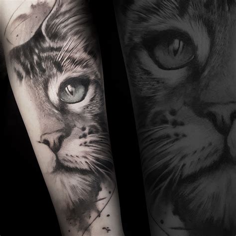 Freshly done, black and gray, lovely realistic cat. Artist John Logan. #cat #cattattoo #tattoo # ...